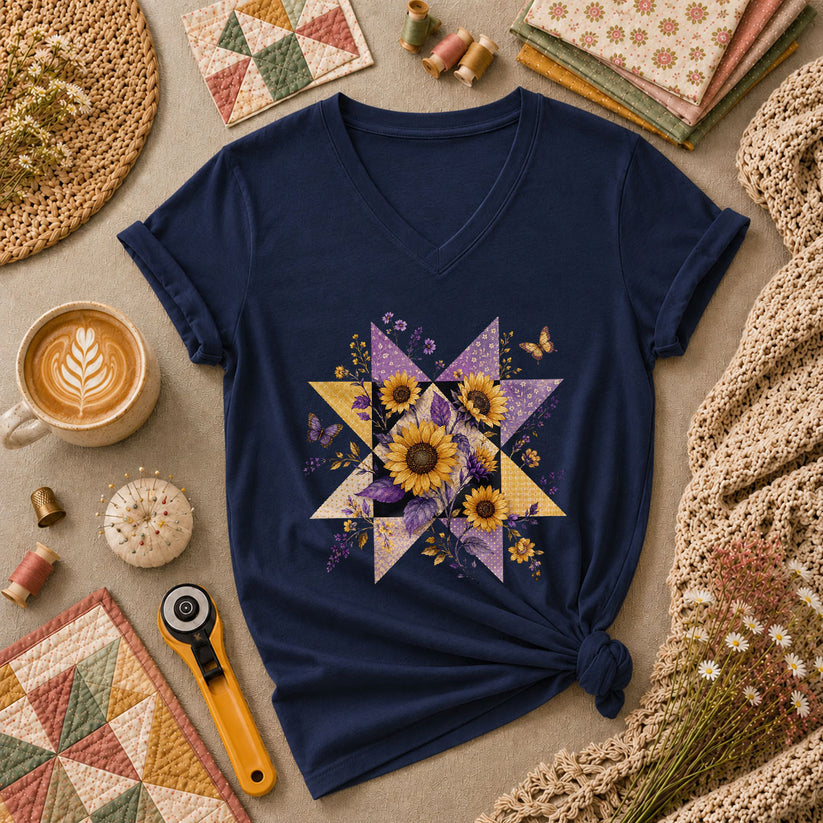 Sunflower Quilt Star Women's V-Neck - Navy