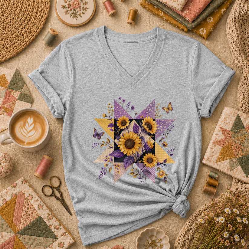 Sunflower Quilt Star Women's V-Neck - Sport Grey