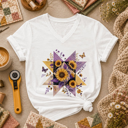 Sunflower Quilt Star Women's V-Neck - White