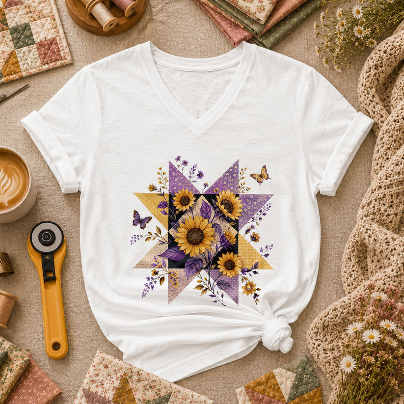 Sunflower Quilt Star Women's V-Neck - White