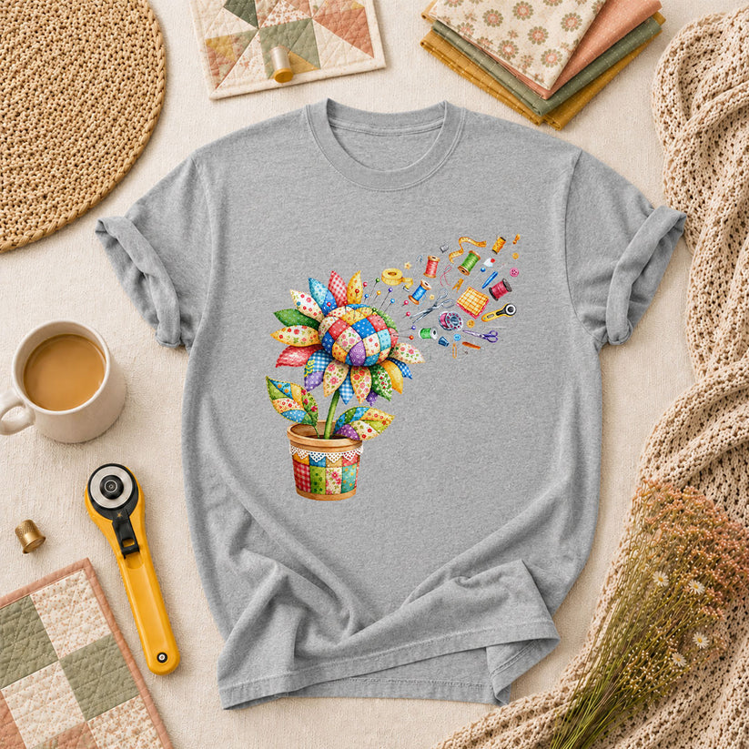 Sunflower Sewing Supplies Patchwork Pot T-Shirt - Athletic Heather