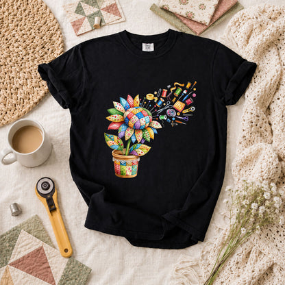 Sunflower Sewing Supplies Patchwork Pot T-Shirt - Black