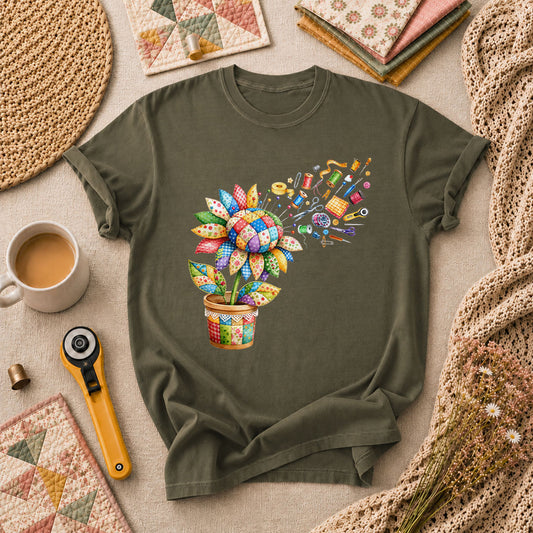 Sunflower Sewing Supplies Patchwork Pot T-Shirt - Military Green
