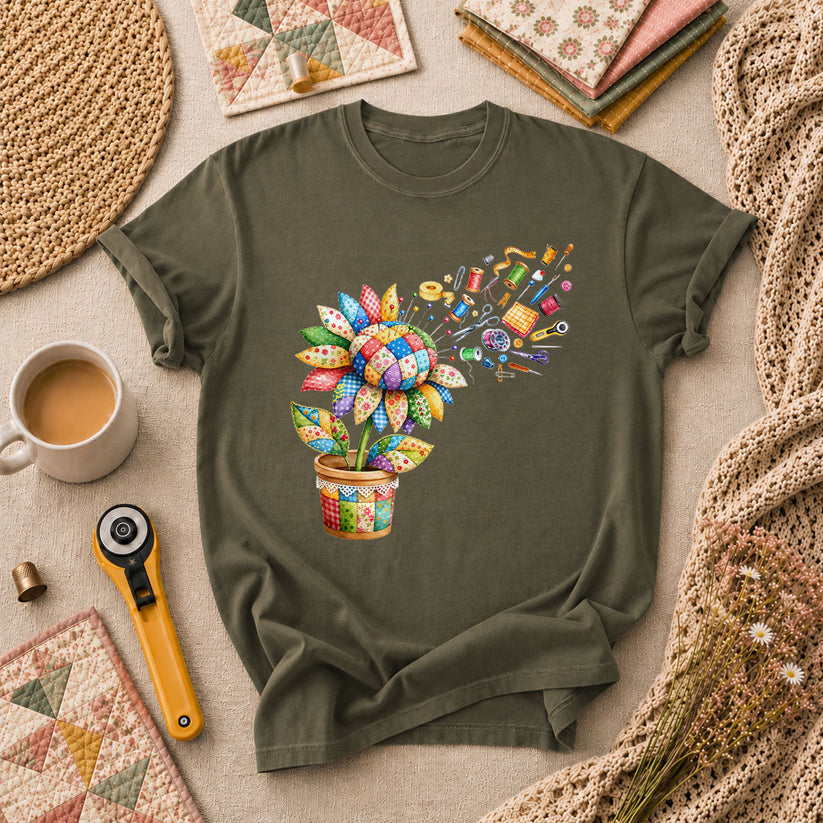 Sunflower Sewing Supplies Patchwork Pot T-Shirt - Military Green