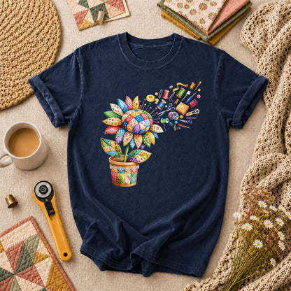 Sunflower Sewing Supplies Patchwork Pot T-Shirt - Navy