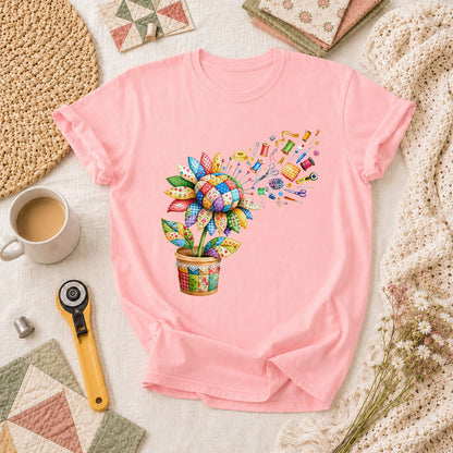 Sunflower Sewing Supplies Patchwork Pot T-Shirt - Pink