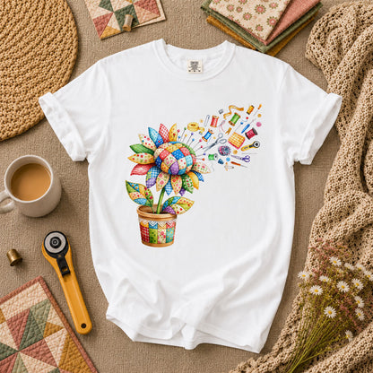 Sunflower Sewing Supplies Patchwork Pot T-Shirt - White