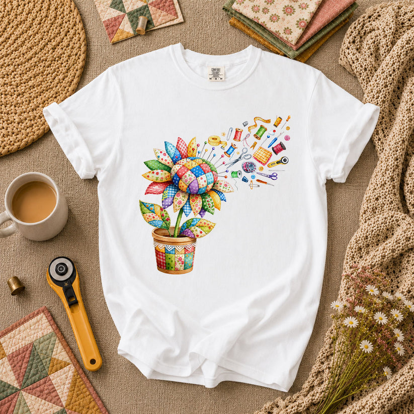 Sunflower Sewing Supplies Patchwork Pot T-Shirt - White