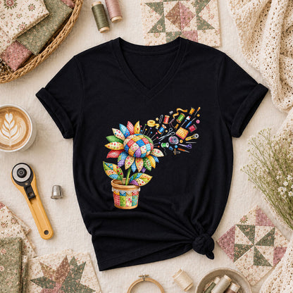 Sunflower Sewing Supplies Patchwork Pot Women's V-Neck - Black