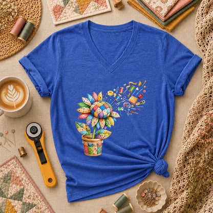 Sunflower Sewing Supplies Patchwork Pot Women's V-Neck - Heather True Royal