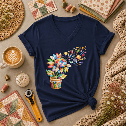 Sunflower Sewing Supplies Patchwork Pot Women's V-Neck - Navy