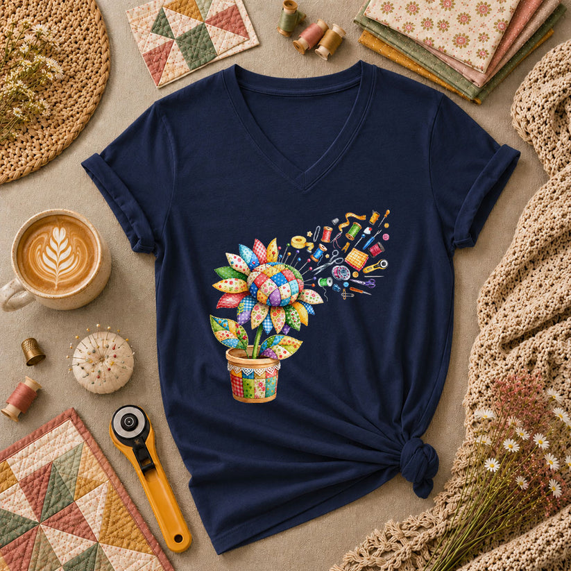 Sunflower Sewing Supplies Patchwork Pot Women's V-Neck - Navy