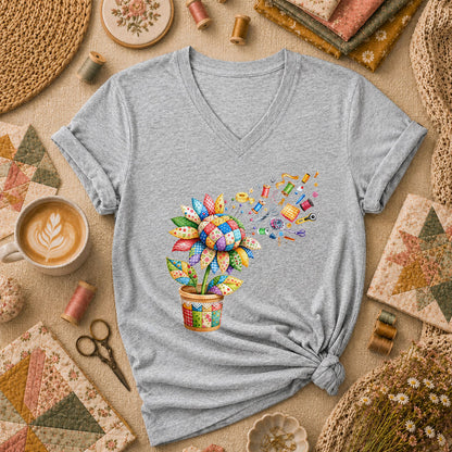 Sunflower Sewing Supplies Patchwork Pot Women's V-Neck - Sport Grey