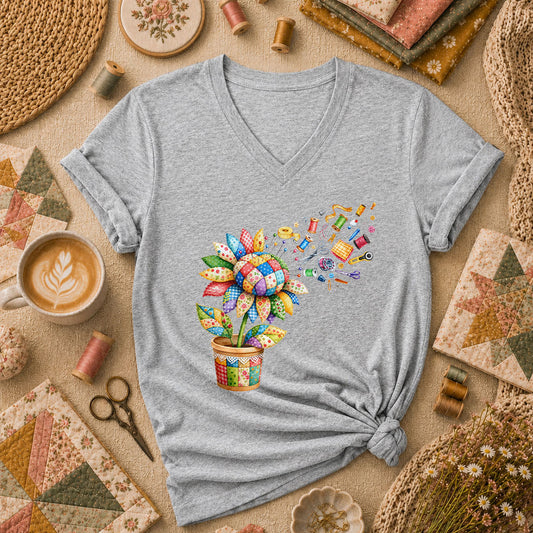 Sunflower Sewing Supplies Patchwork Pot Women's V-Neck - Sport Grey
