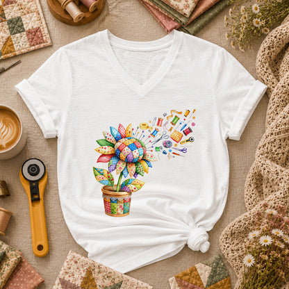 Sunflower Sewing Supplies Patchwork Pot Women's V-Neck - White