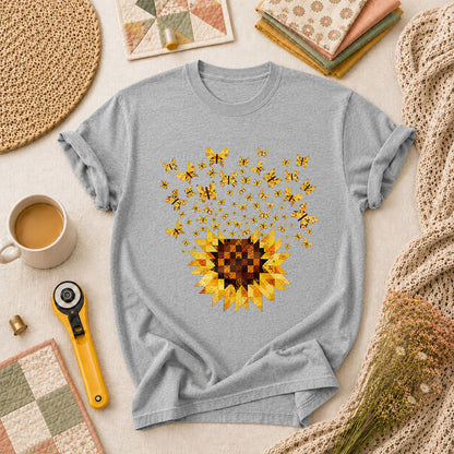 Sunflower With Butterflies Patchwork T-Shirt - Athletic Heather