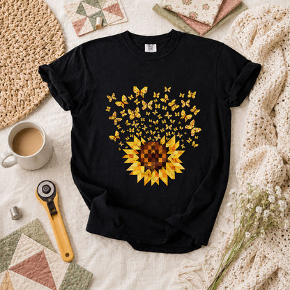 Sunflower With Butterflies Patchwork T-Shirt - Black