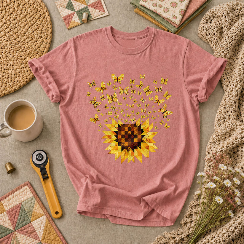 Sunflower With Butterflies Patchwork T-Shirt - Heather Mauve