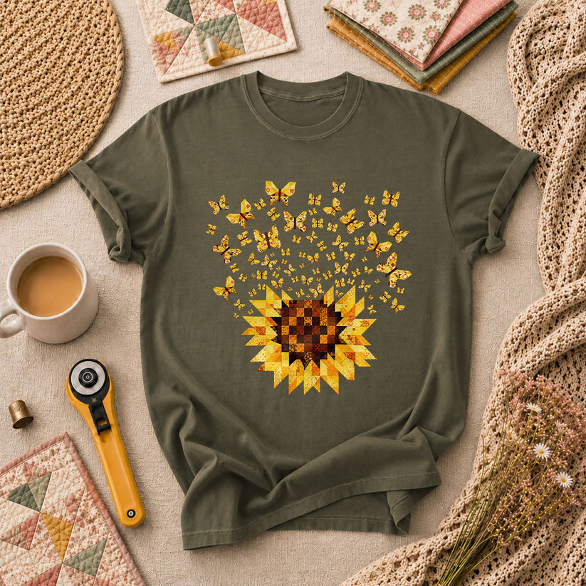 Sunflower With Butterflies Patchwork T-Shirt - Military Green