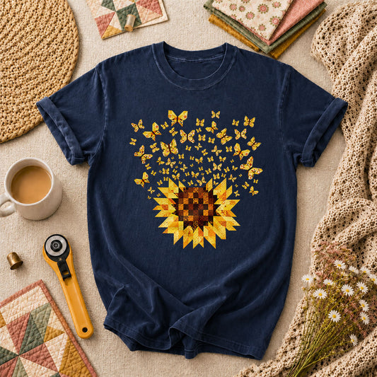 Sunflower With Butterflies Patchwork T-Shirt - Navy