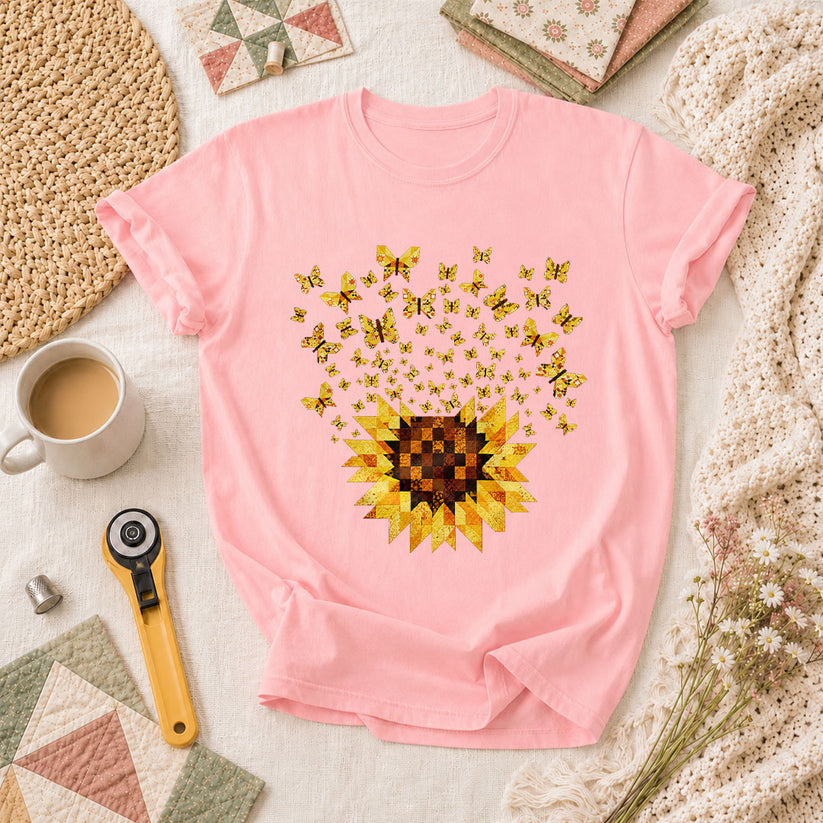 Sunflower With Butterflies Patchwork T-Shirt - Pink