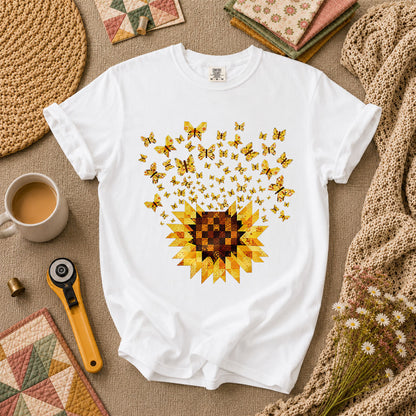 Sunflower With Butterflies Patchwork T-Shirt - White