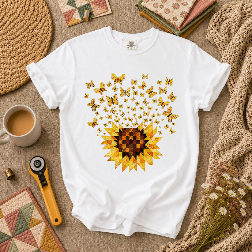 Sunflower With Butterflies Patchwork T-Shirt - White