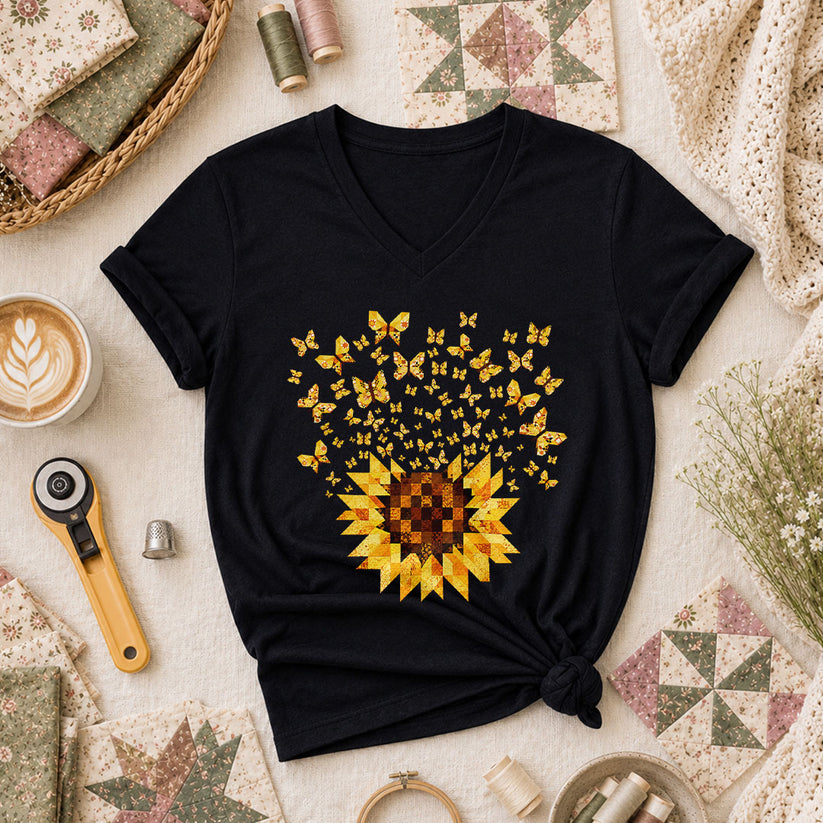 Sunflower With Butterflies Patchwork Women's V-Neck - Black