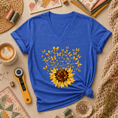 Sunflower With Butterflies Patchwork Women's V-Neck - Heather True Royal