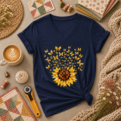 Sunflower With Butterflies Patchwork Women's V-Neck - Navy