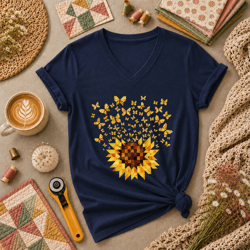 Sunflower With Butterflies Patchwork Women's V-Neck - Navy