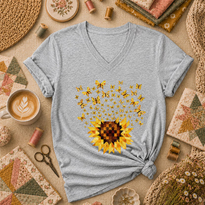 Sunflower With Butterflies Patchwork Women's V-Neck - Sport Grey