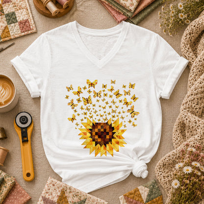 Sunflower With Butterflies Patchwork Women's V-Neck - White