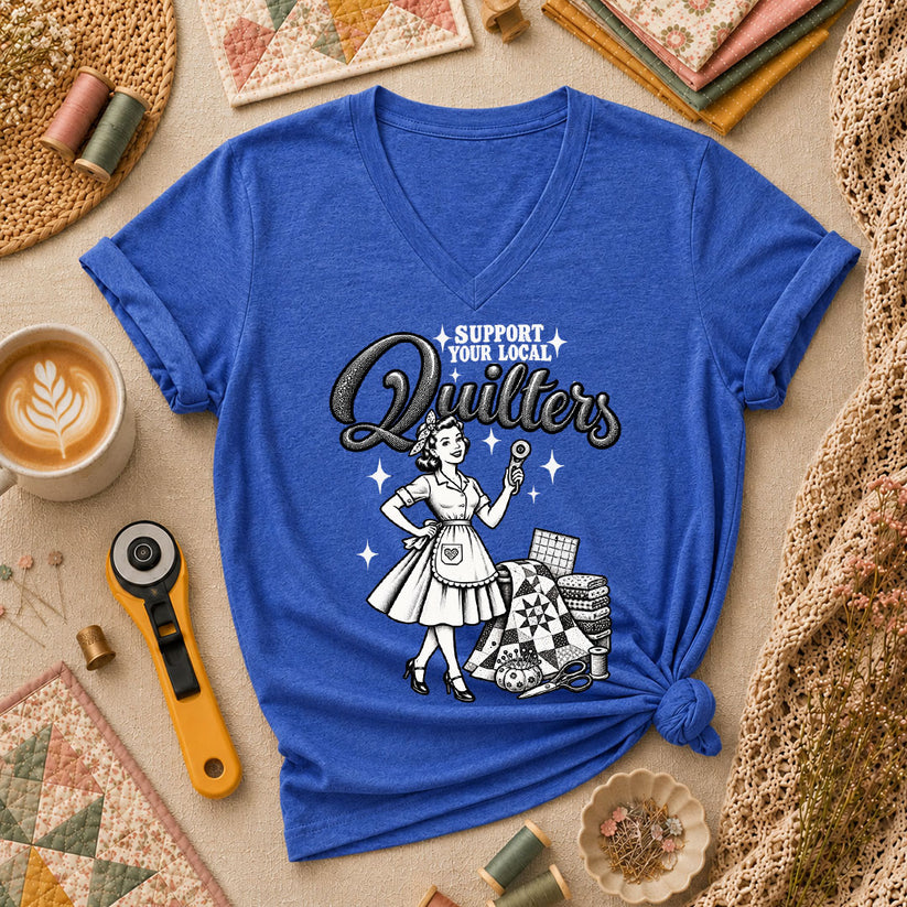 Support Your Local Quilters Vintage Women's V-Neck - Heather True Royal