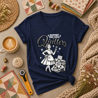 Support Your Local Quilters Vintage Women's V-Neck - Navy