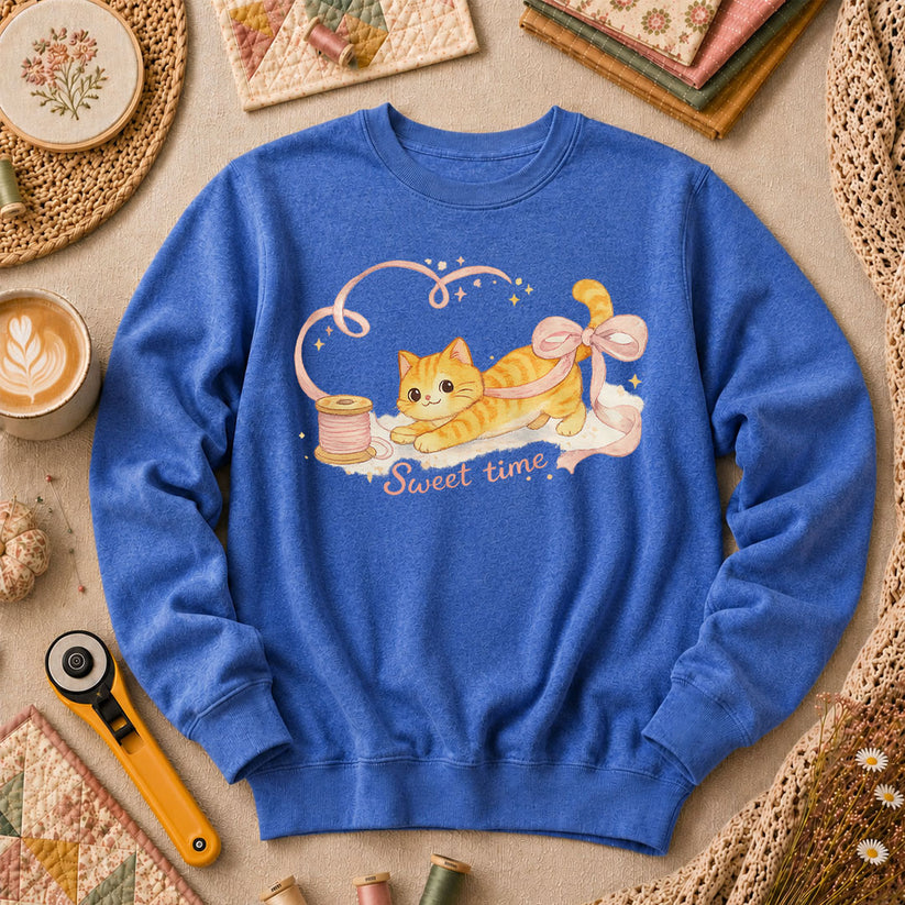 Sweet Time Cat Ribbon Spool Long Sleeve - Heather True Royal