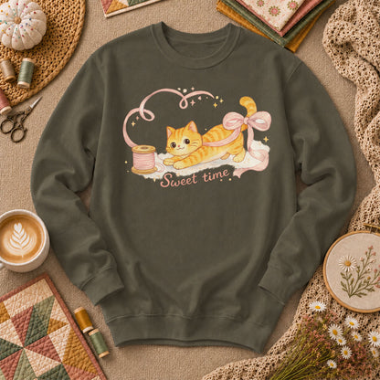 Sweet Time Cat Ribbon Spool Long Sleeve - Military Green