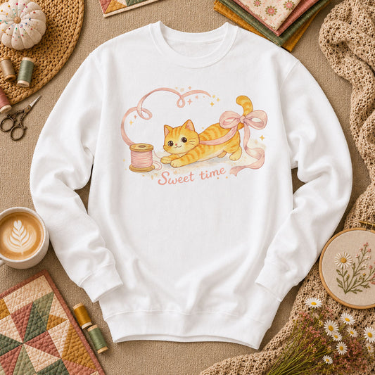 Sweet Time Cat Ribbon Spool Long Sleeve - White