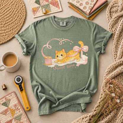 Sweet Time Cat Ribbon Spool T-Shirt - Forest Green