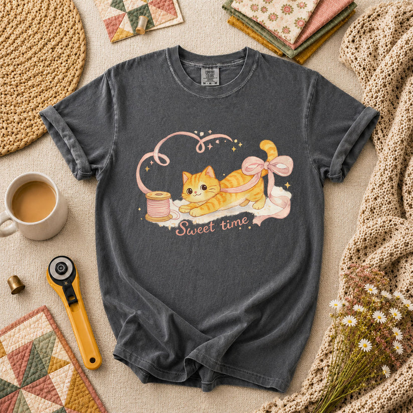 Sweet Time Cat Ribbon Spool T-Shirt - Grey