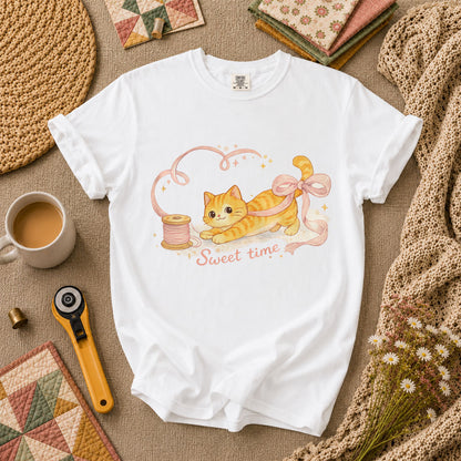 Sweet Time Cat Ribbon Spool T-Shirt - White