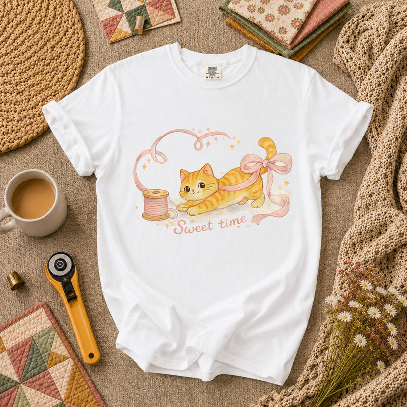 Sweet Time Cat Ribbon Spool T-Shirt - White