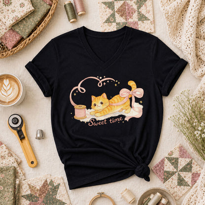 Sweet Time Cat Ribbon Spool Women's V-Neck - Black