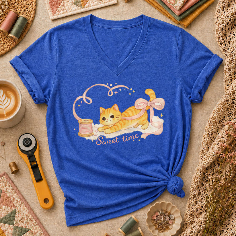 Sweet Time Cat Ribbon Spool Women's V-Neck - Heather True Royal