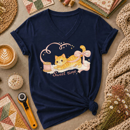 Sweet Time Cat Ribbon Spool Women's V-Neck - Navy