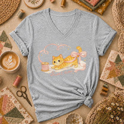 Sweet Time Cat Ribbon Spool Women's V-Neck - Sport Grey