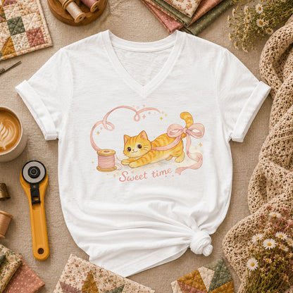 Sweet Time Cat Ribbon Spool Women's V-Neck - White