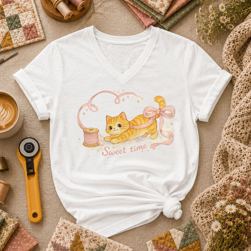 Sweet Time Cat Ribbon Spool Women's V-Neck - White