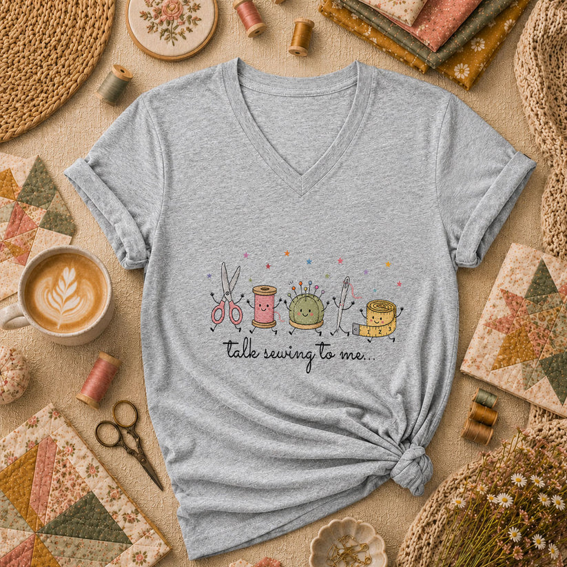 Talk Sewing To Me Funny Quilter Women's V-Neck - Athletic Heather