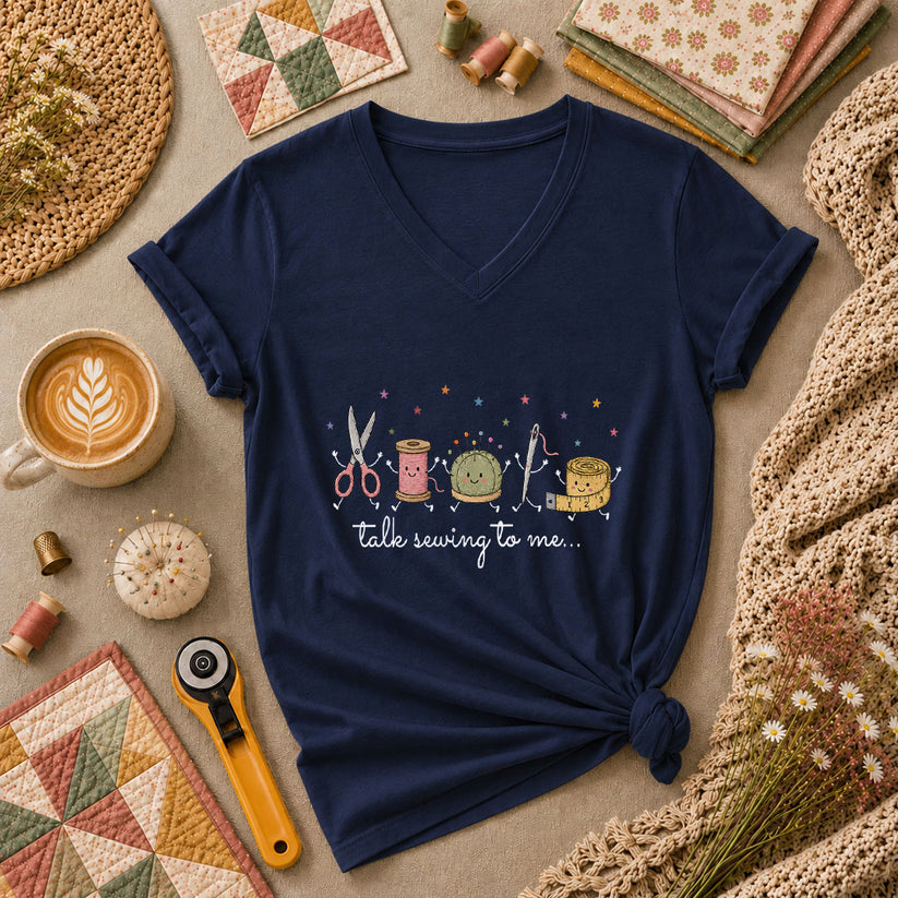 Talk Sewing To Me Funny Quilter Women's V-Neck - Navy